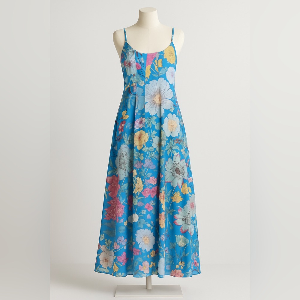Vibrant Blue Floral Maxi Dress – Size M
